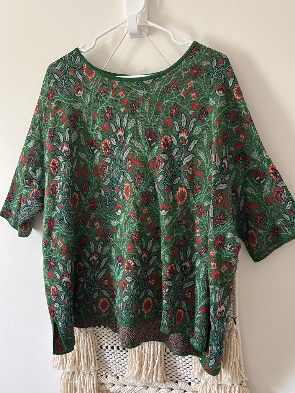 Peruvian Connection Pima Cotton Jacquard Floral Short Sleeve Sweater Large Boxy